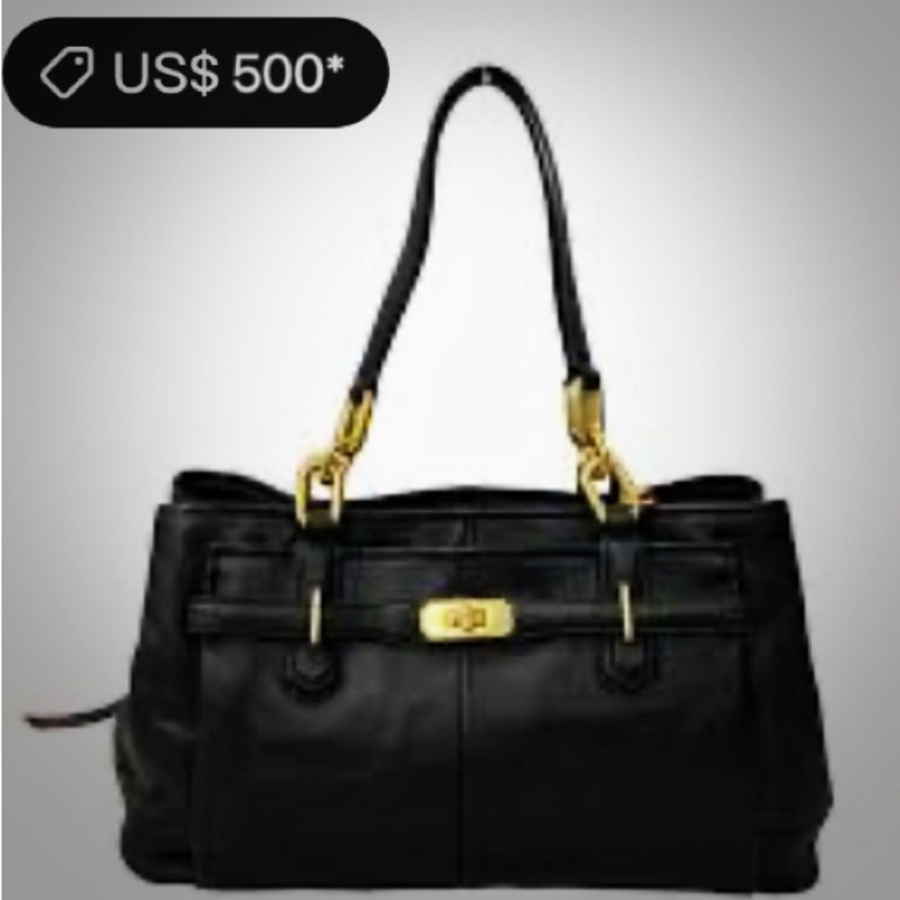 Vintage style Y2K Coach Black soft Leather Shoulder Bag with Gold Accents - Picture 3 of 17